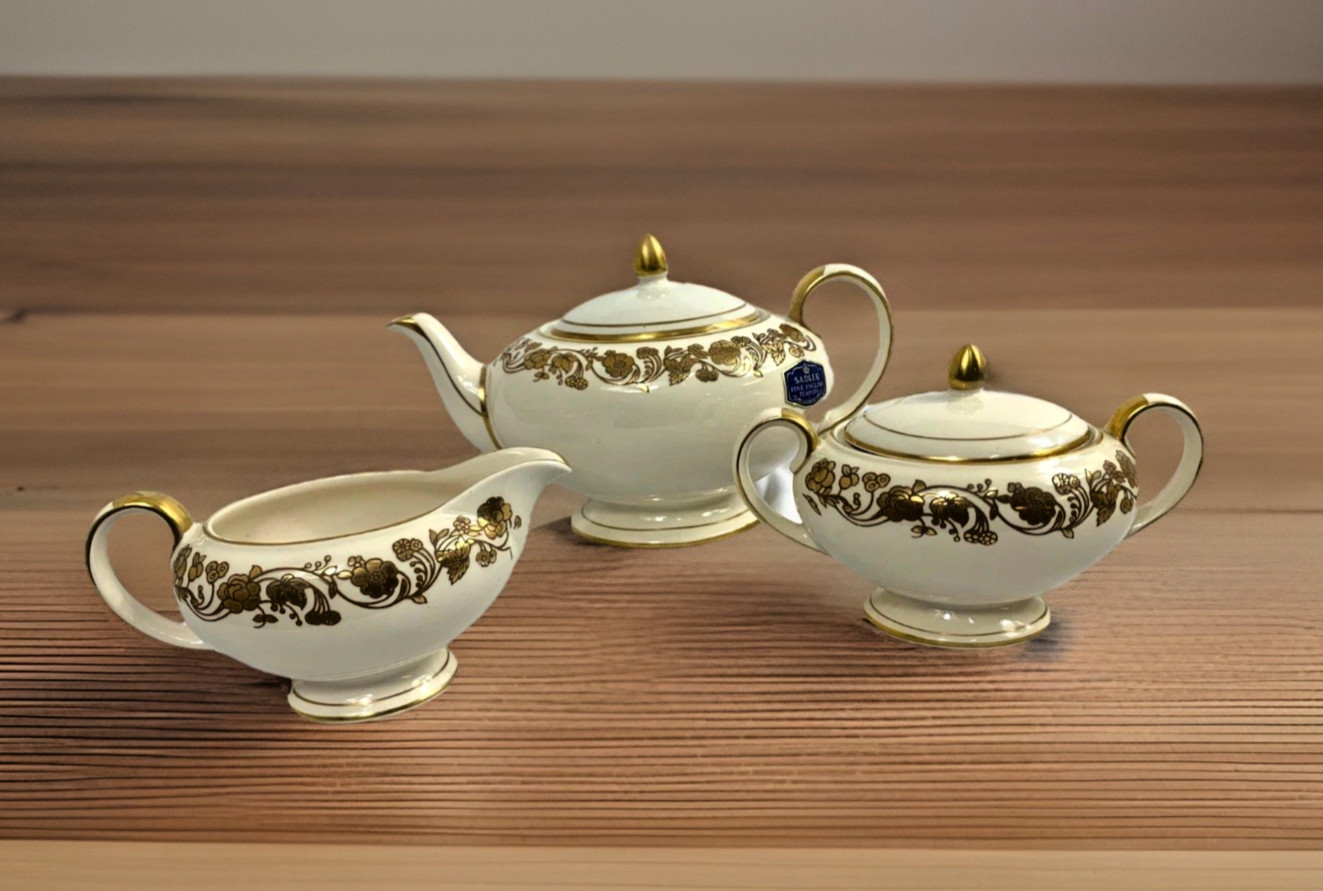 VTG 70s 3 Pc Sadler Mayfair Gold Leaf pattern Teapot Creamer & Sugar set NIB