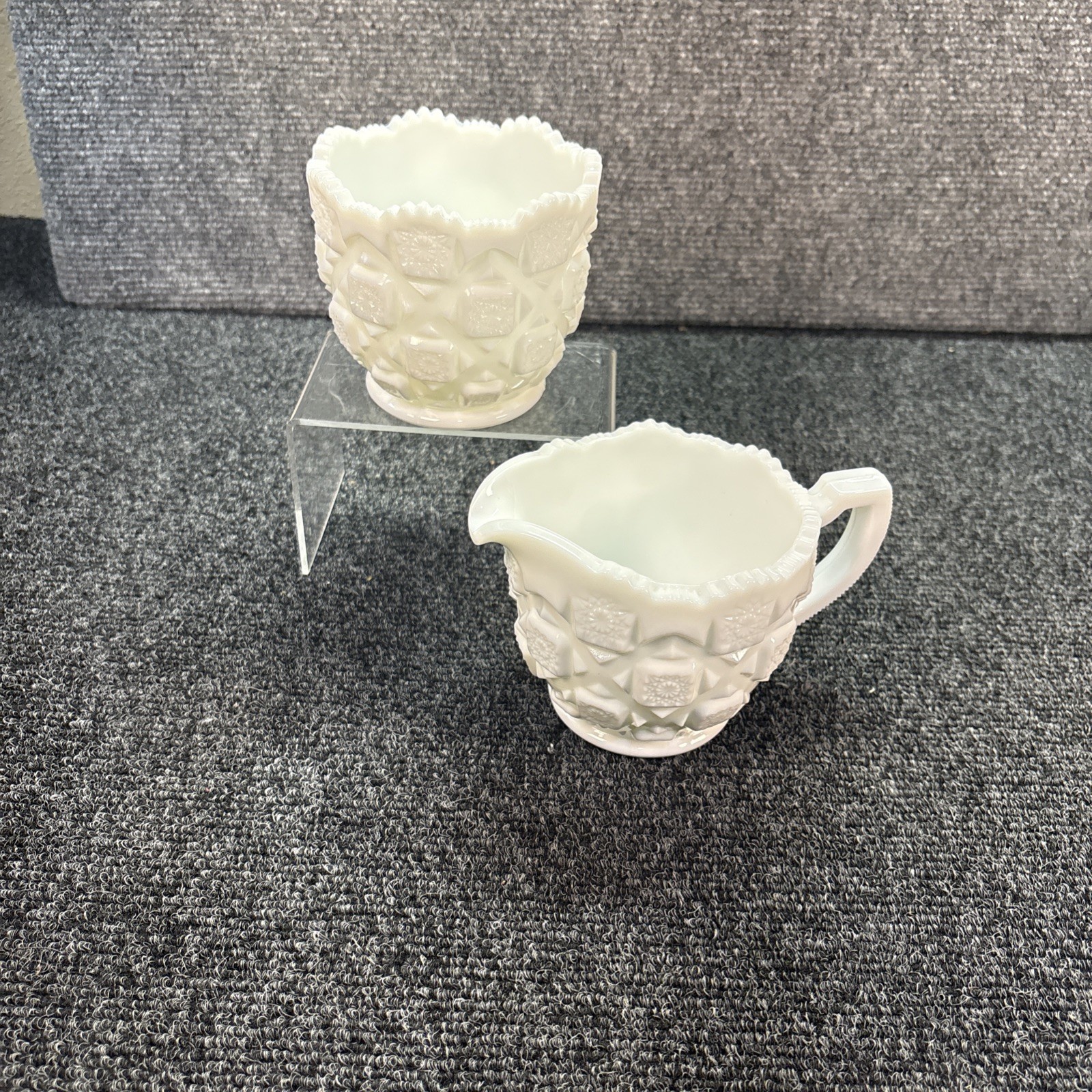 Vtg~Westmoreland White Milk Glass~Old Quilt~Sugar and Cream Set