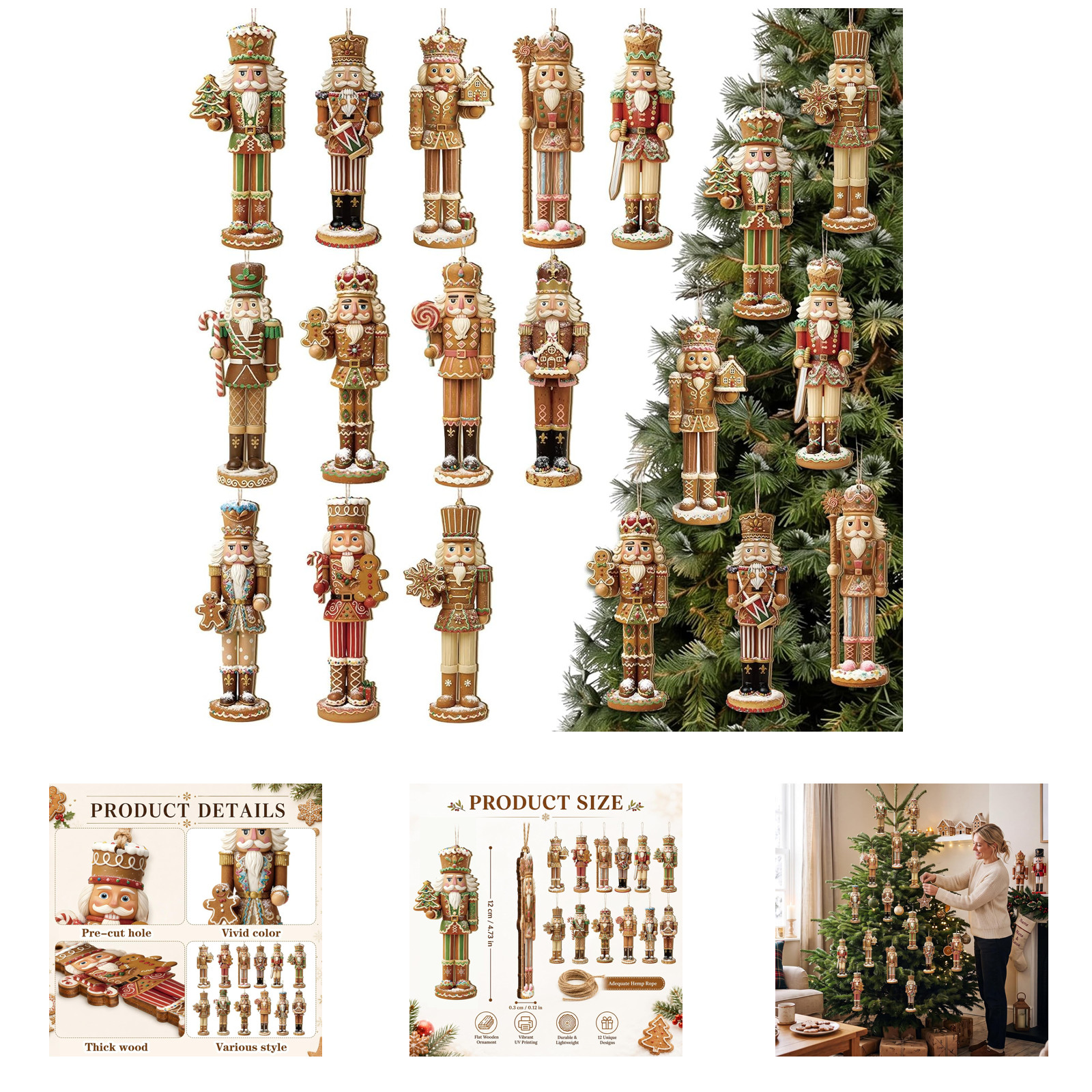 36 Piece Christmas Nutcracker Ornaments Set Wooden Gingerbread Nutcracker