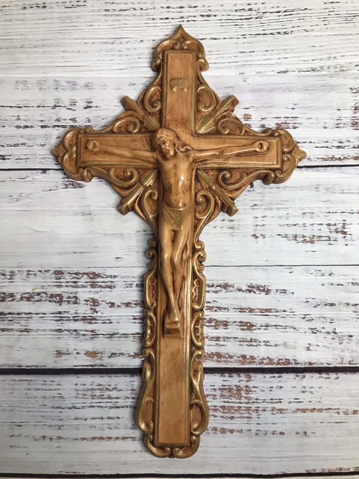Vintage Brown Porcelain Hanging Cross 12 1/2” Crucifx Wall Mount Christianity