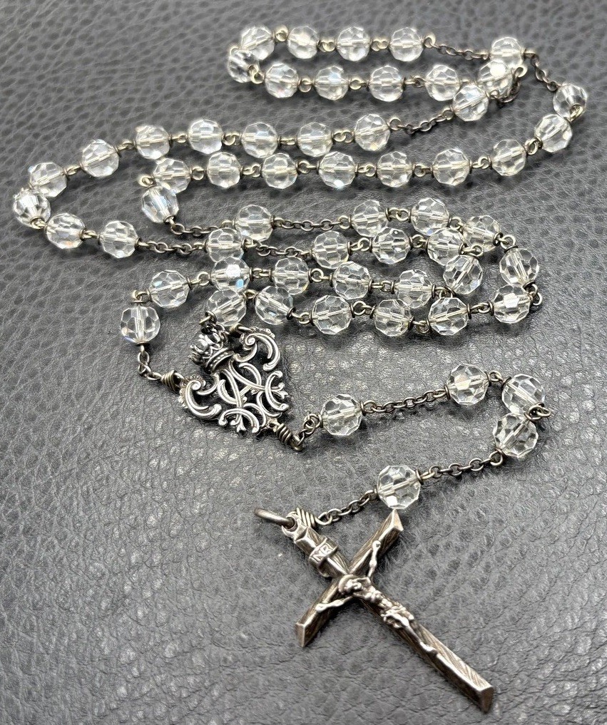 VTG European Sterling Silver Cross Crown Rosary Necklace Glass Crystal Beads