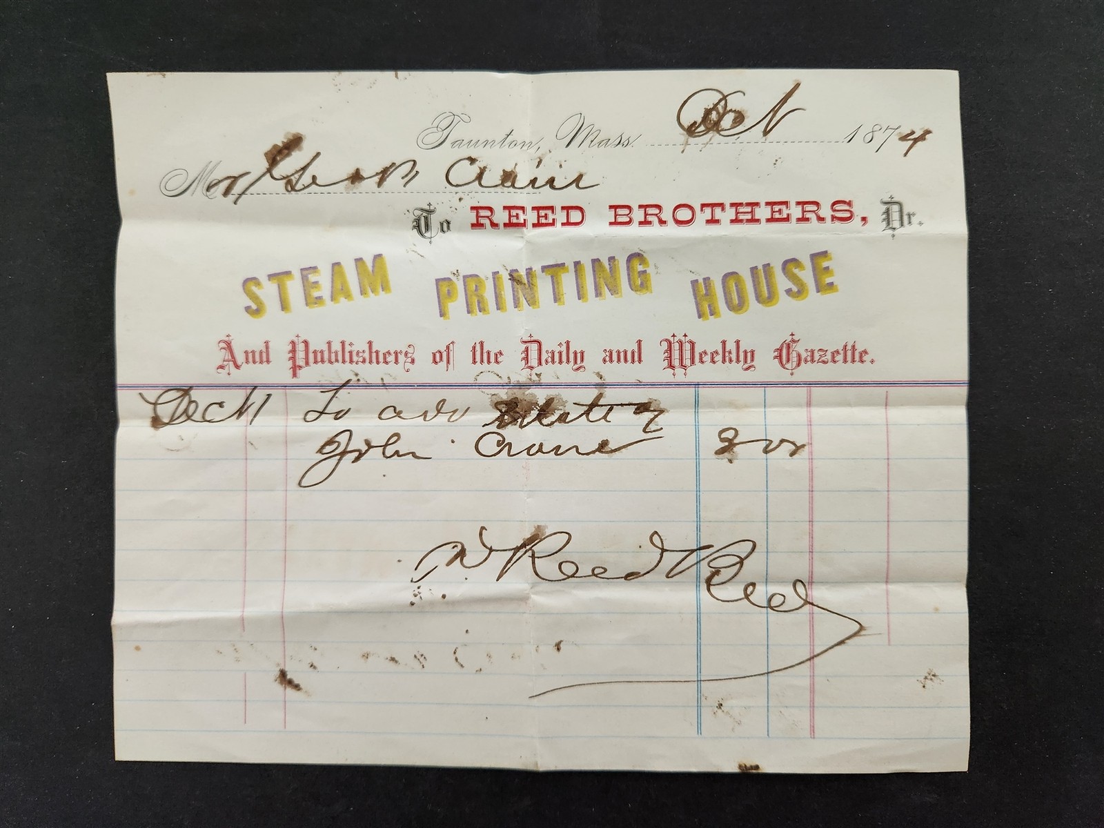 1860 antique REED BROTHERS taunton ma BILLHEAD steam printing house publisher