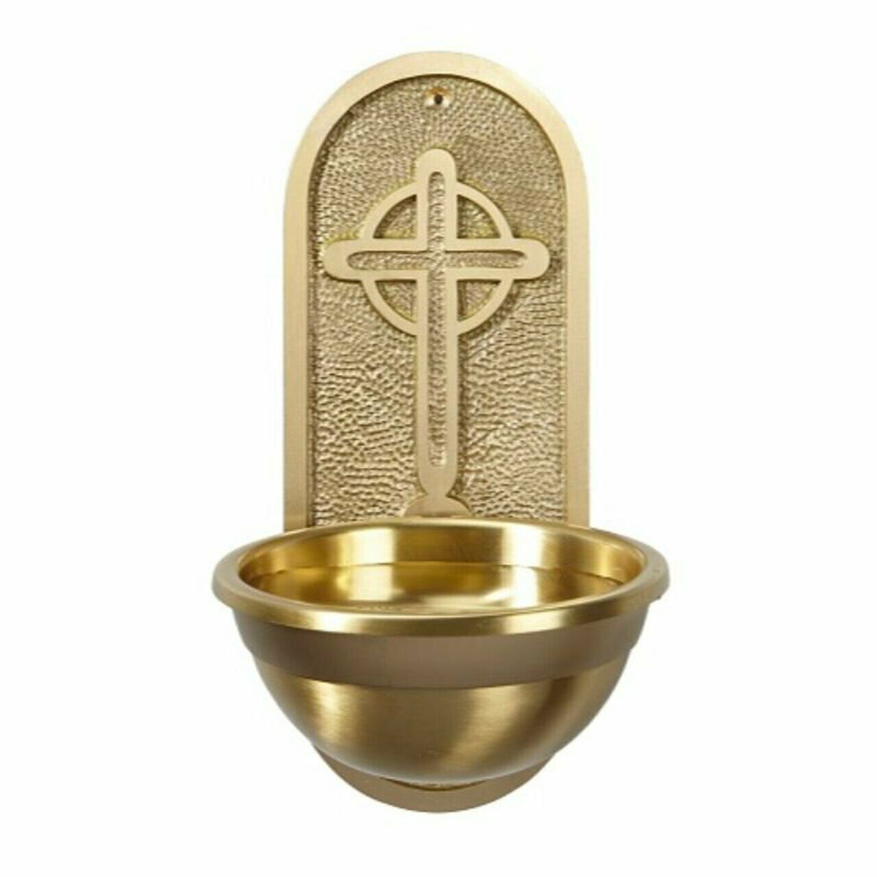 Gold Toned Solid Dimpled Brass Cross Holy Water Font for Home or Church, 9.75 In