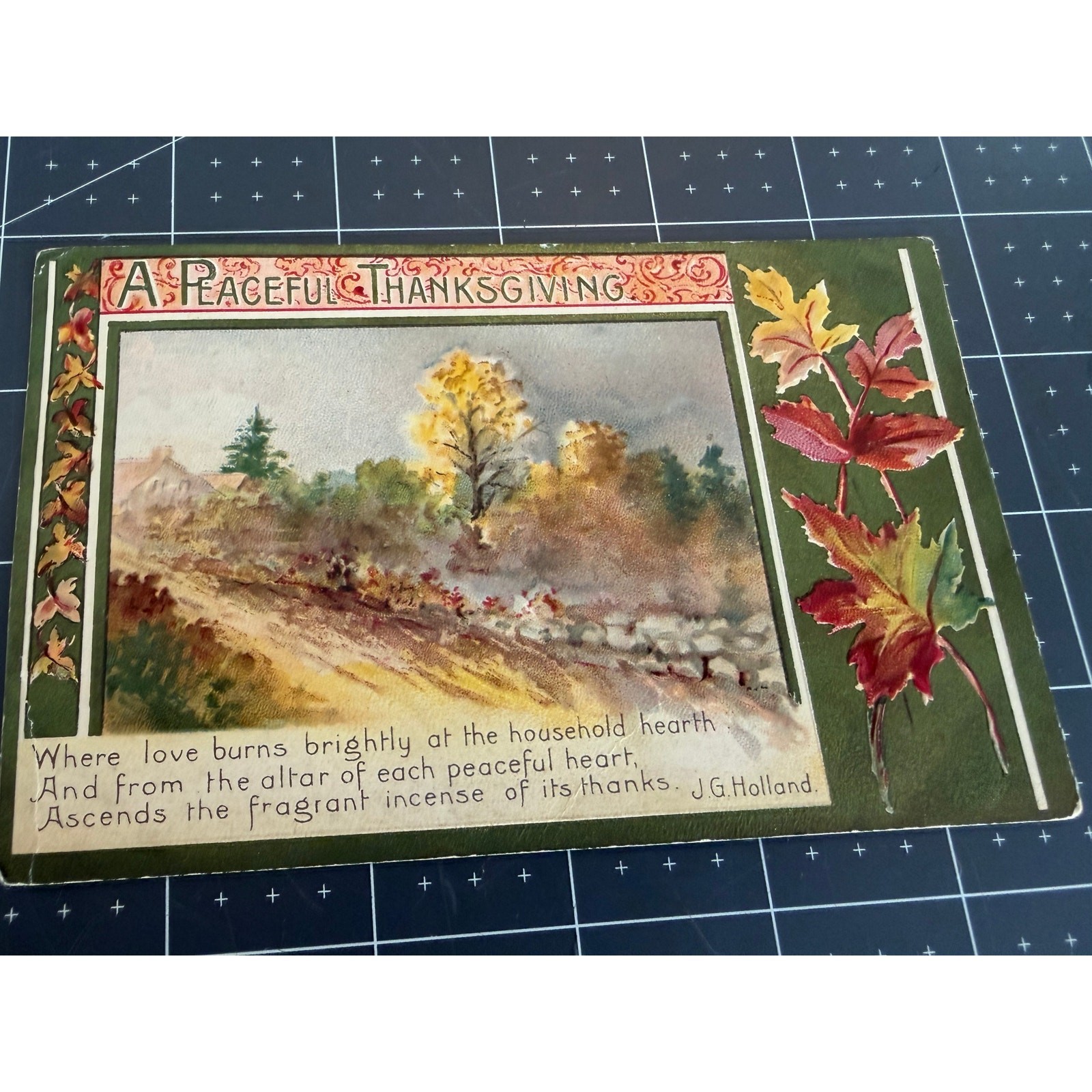 Vintage 1909 Thanksgiving Postcard Autumn Landscape Embossed Leaves