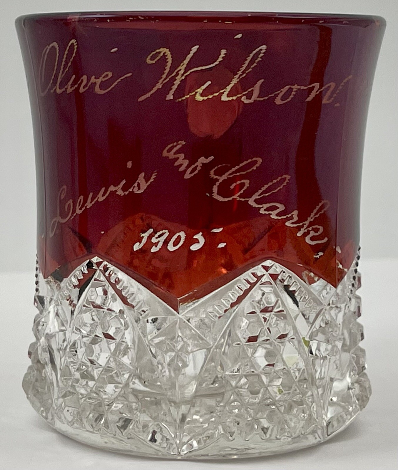 Antique 1905 Lewis Clark Exposition Souvenir Ruby Flash Glass Cup Olive Wilson