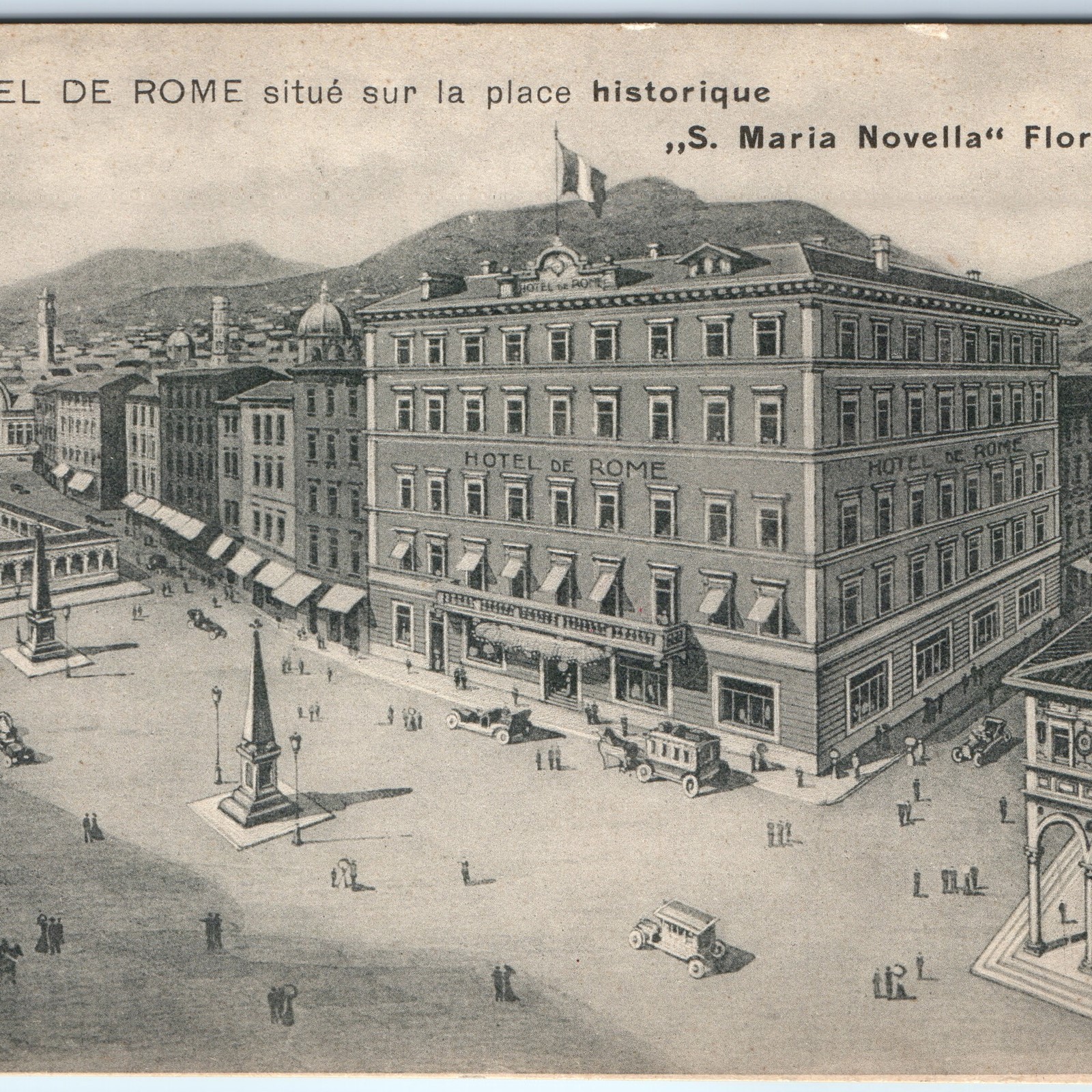 c1910s Florence Italy Hotel De Rome Postcard Santa Maria Novella Square Square