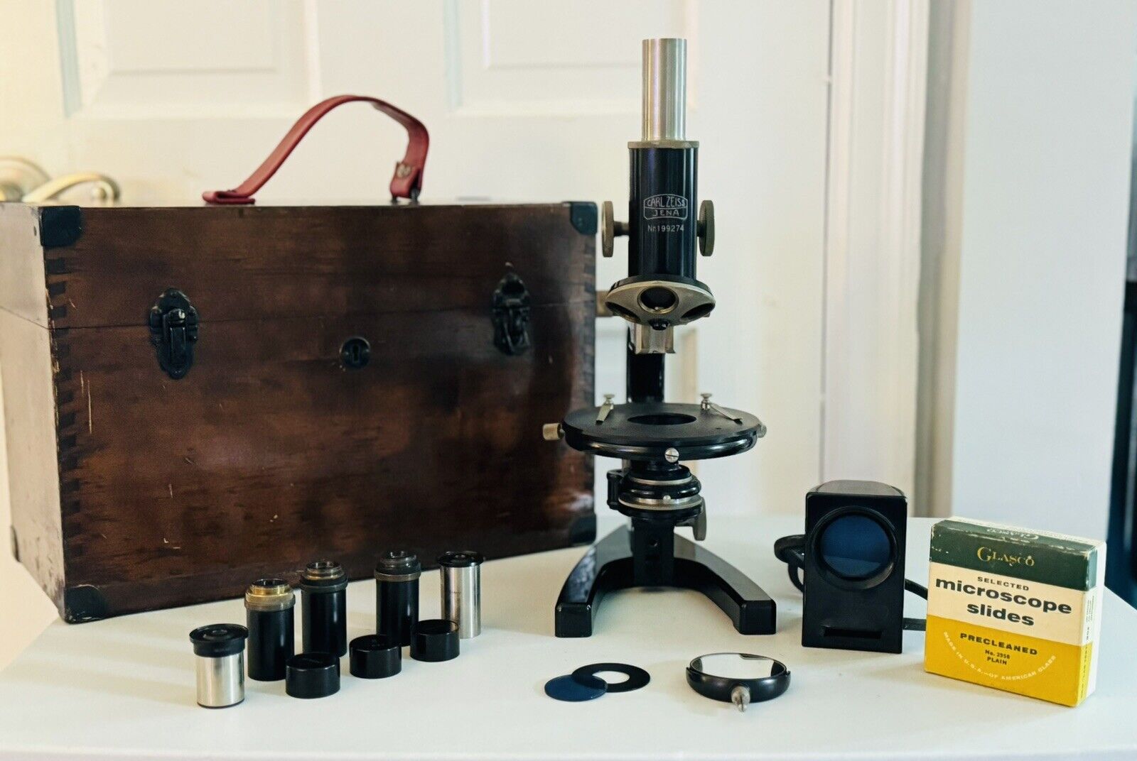 VINTAGE Carl Zeiss Jena 199274 Microscope w Accessories & Original Wood Box