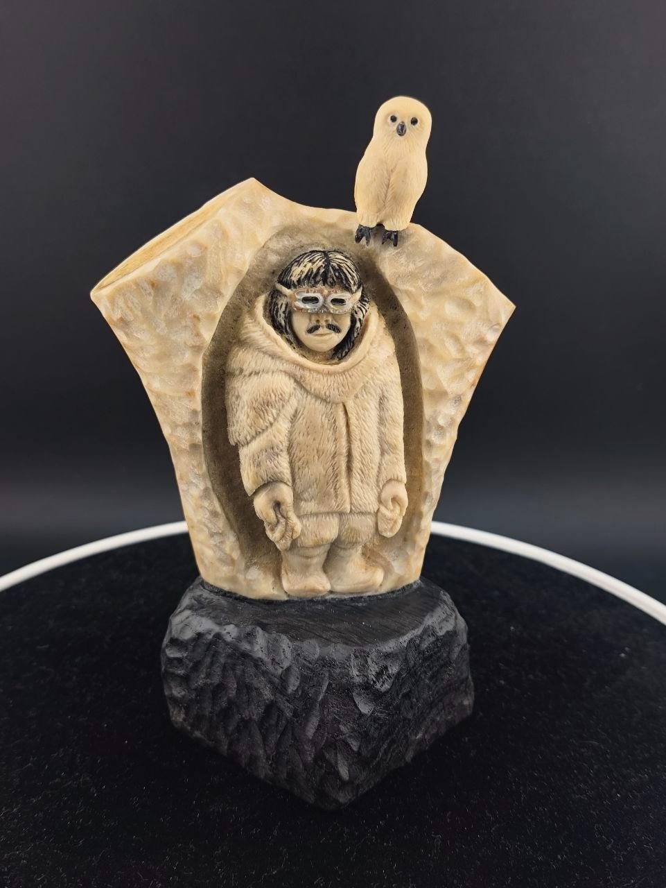 Collectible Inuit inspired Carving, Hunter with Polar Owl, Goggles and Moccasins