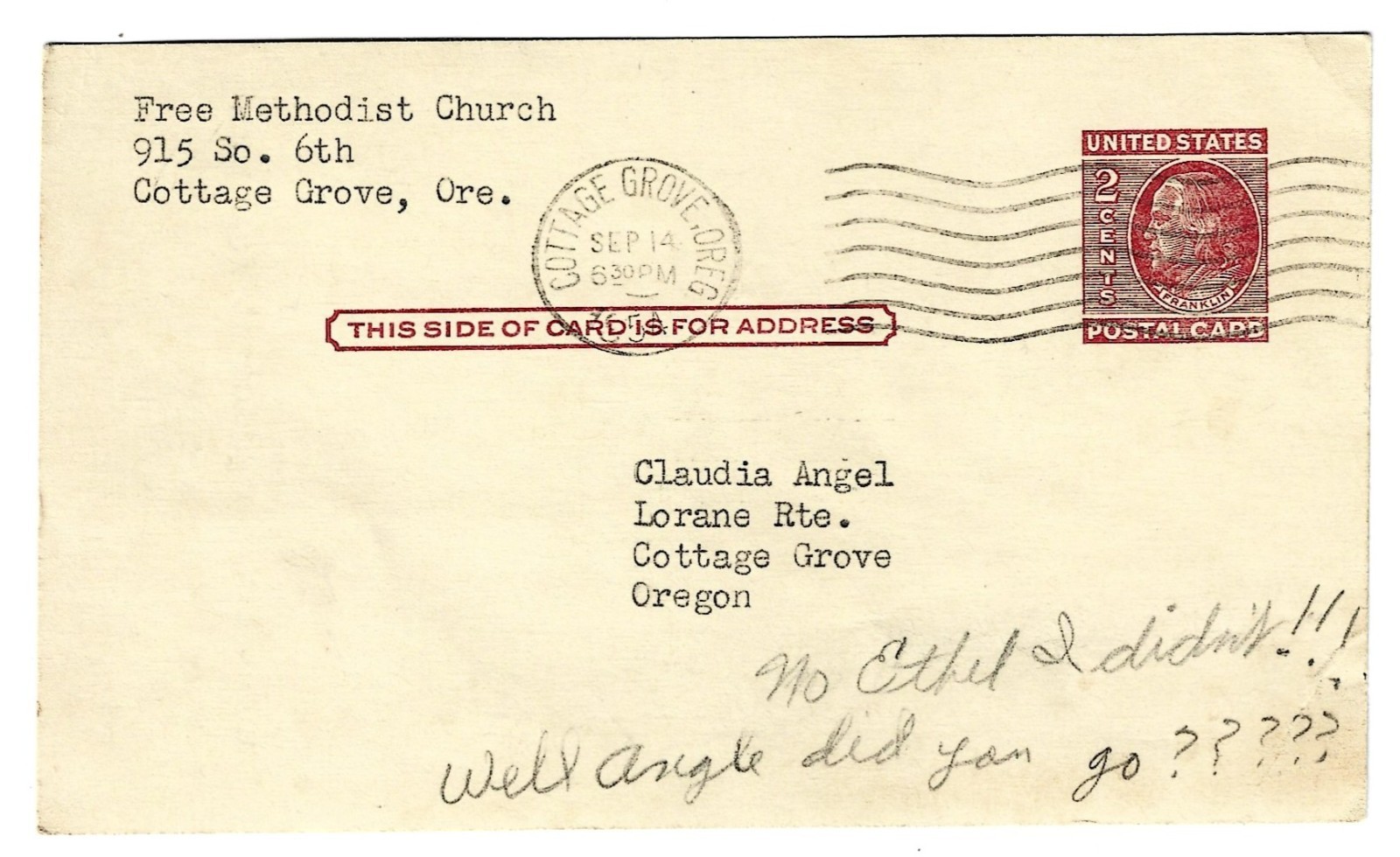 Cottage Grove OR 1954 Free Methodist Church Postal Card E.C. Bush Young People