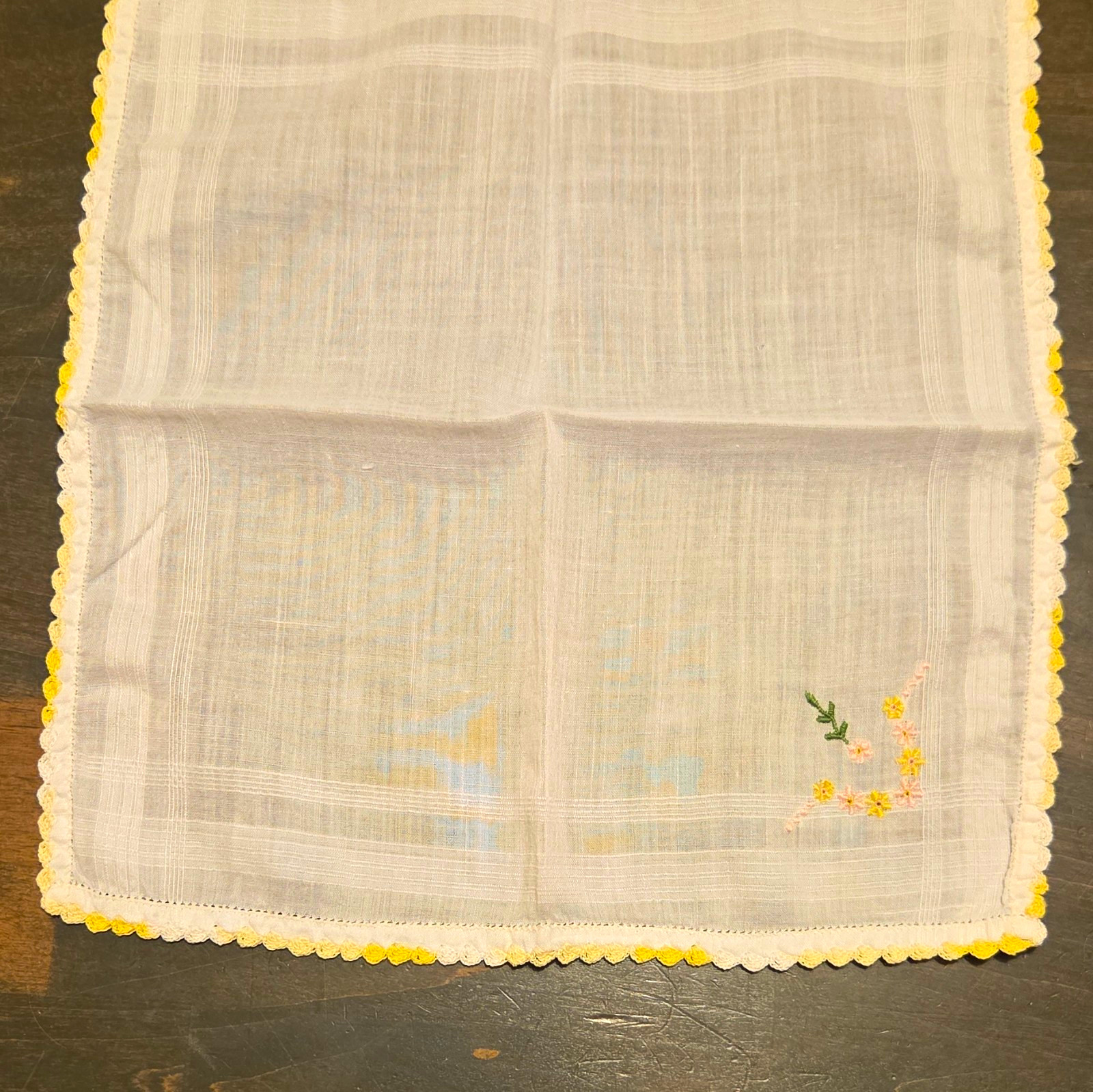 White Handkerchief, Yellow Scalloped Edge Trim, Floral Embroidery