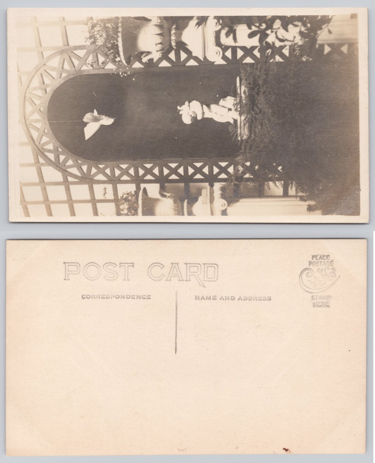 Vintage RPPC Garden Scene Trellis Pond Statue Real Photo Postcard