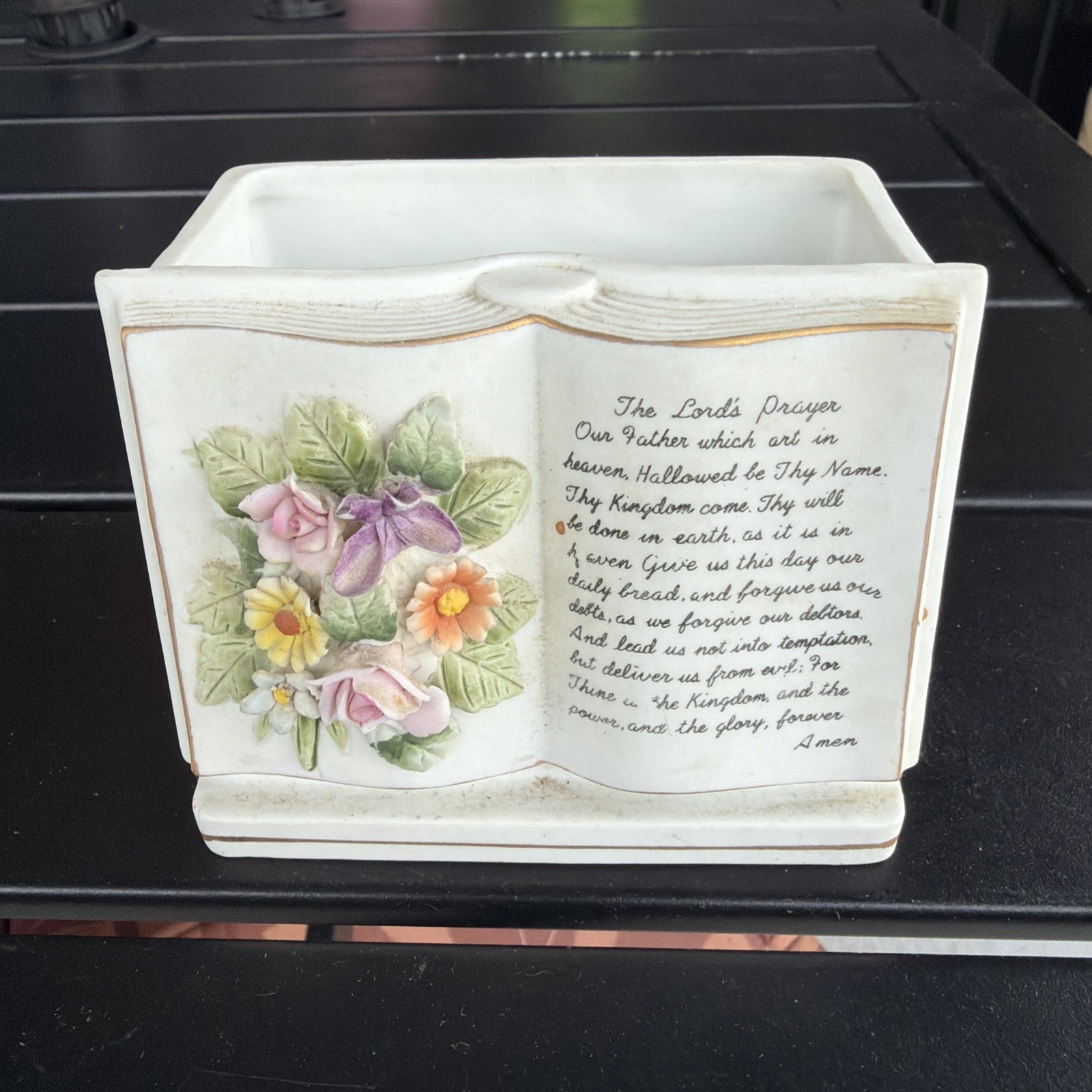 Vintage Lefton Ceramic Planter Vase Lords Prayer Hand Painted Flowers Pink Gold