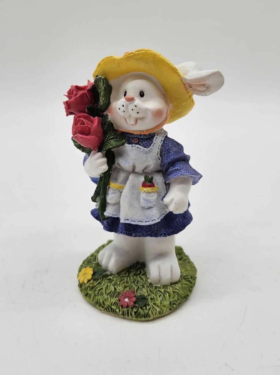 Adorable Vintage Easter Bunny Rabbit Gardener Figurine Roses Spring Decor 5”