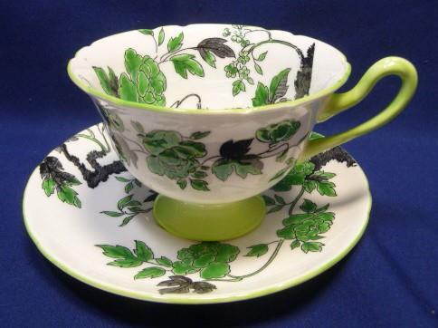 SHELLEY ENGLAND FOOTED CUP&SAUCER HAND PAINTED GREEN OVINGTON 13216 ENAMEL VTG
