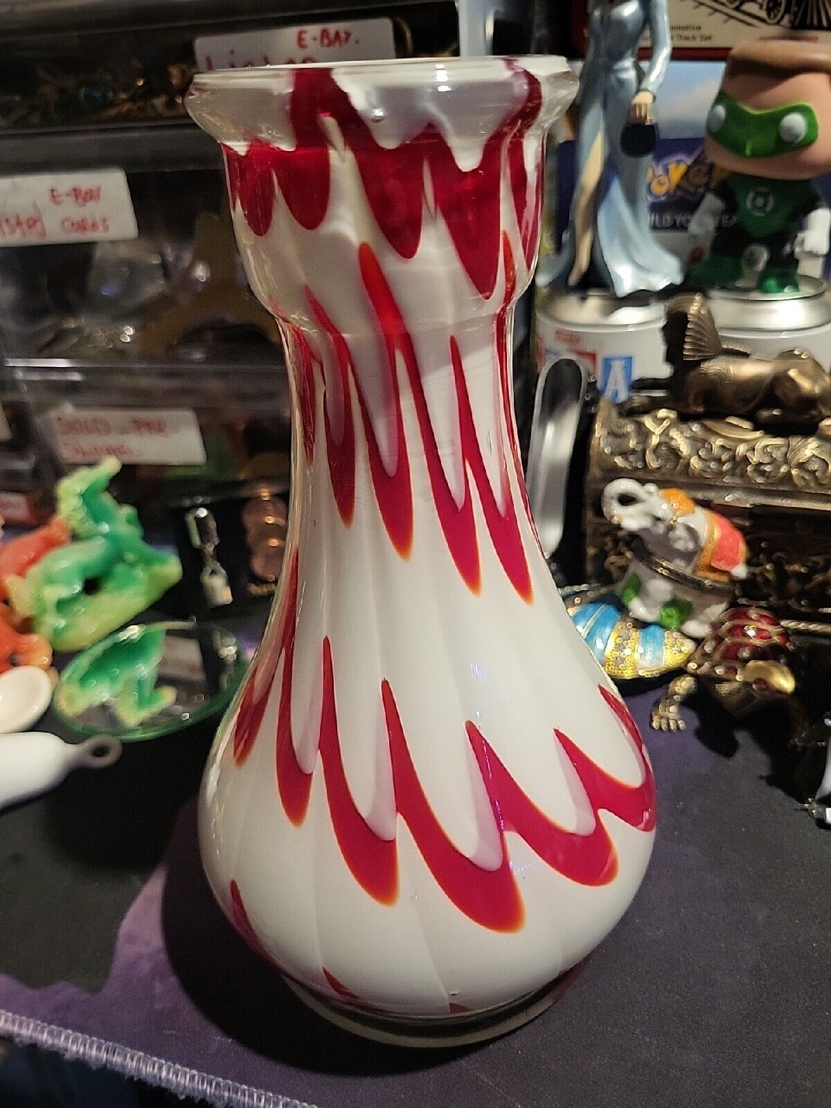 Hand Blown White  Red Vase Red Wave Blown Vase 9 in