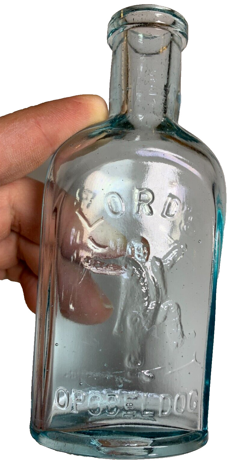 PRISTINE Antique LORD'S OPODELDOC Bottle Embossed Man Breaking Crutches NEW York
