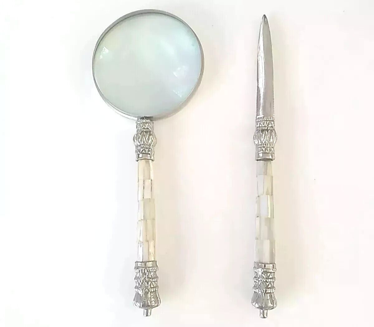 Vintage Silve Tone Brass Magnify Glass & Letter Opener Mother of Pearl Handle