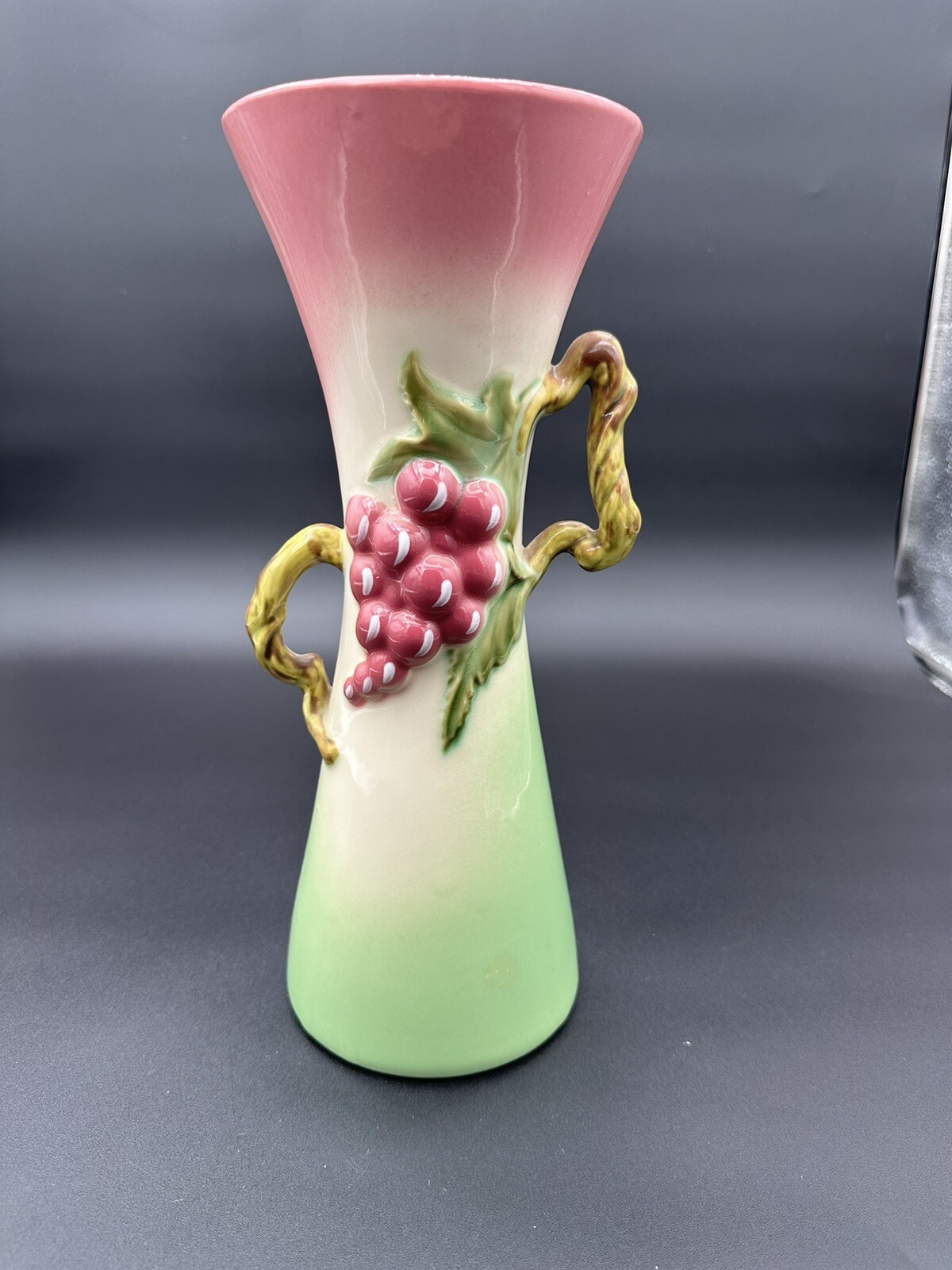 Vintage Hull Tokay Pink & Green Vase #12  3 D Grape Cluster Vine Handles 12\