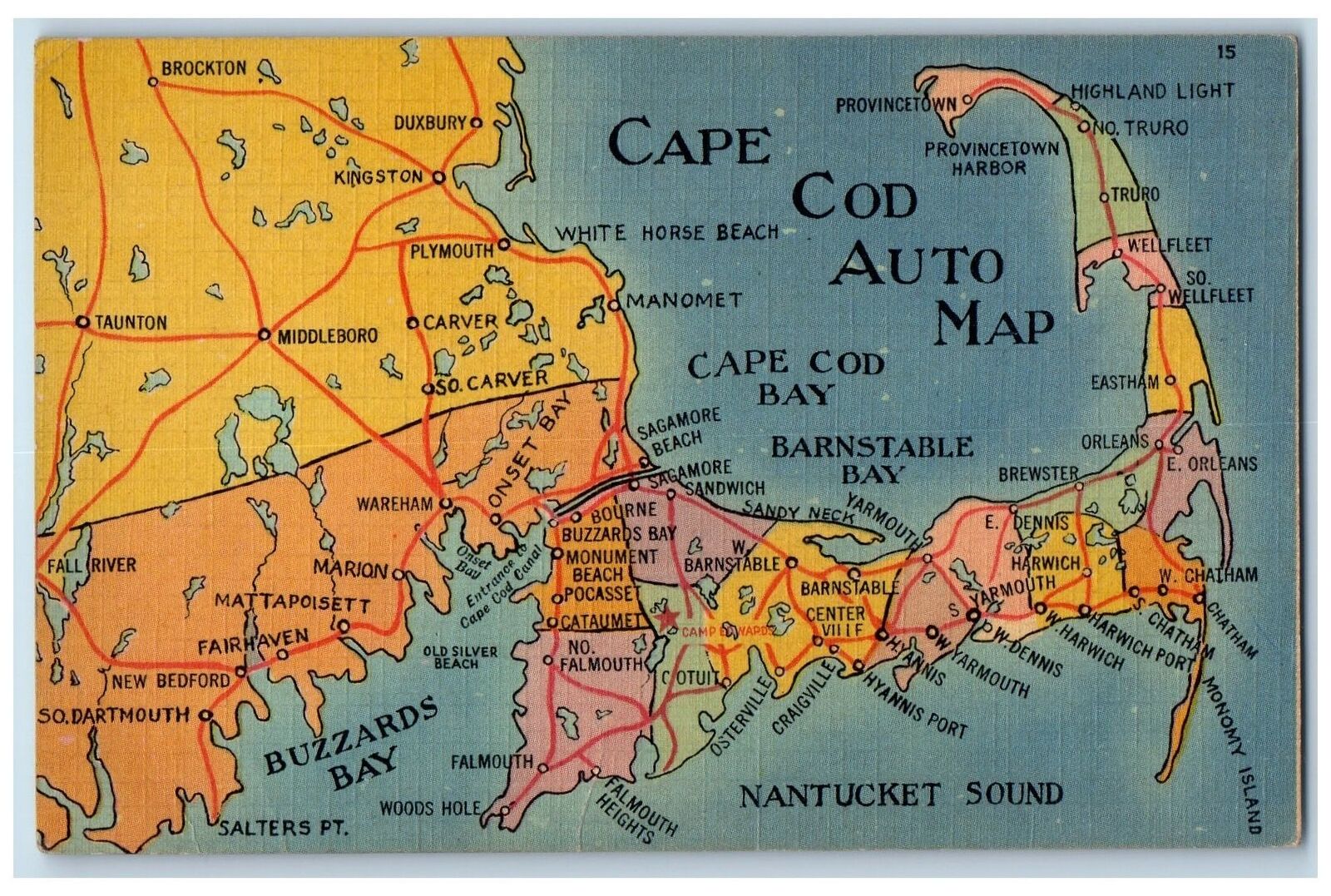 1943 Cape Code Auto Map Tourist Travel Driving Guide Massachusetts MA Postcard