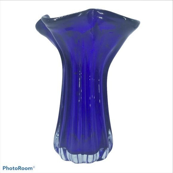 Cobalt Blue Art Glass Vase Hand Blown Thick Heavy 10\