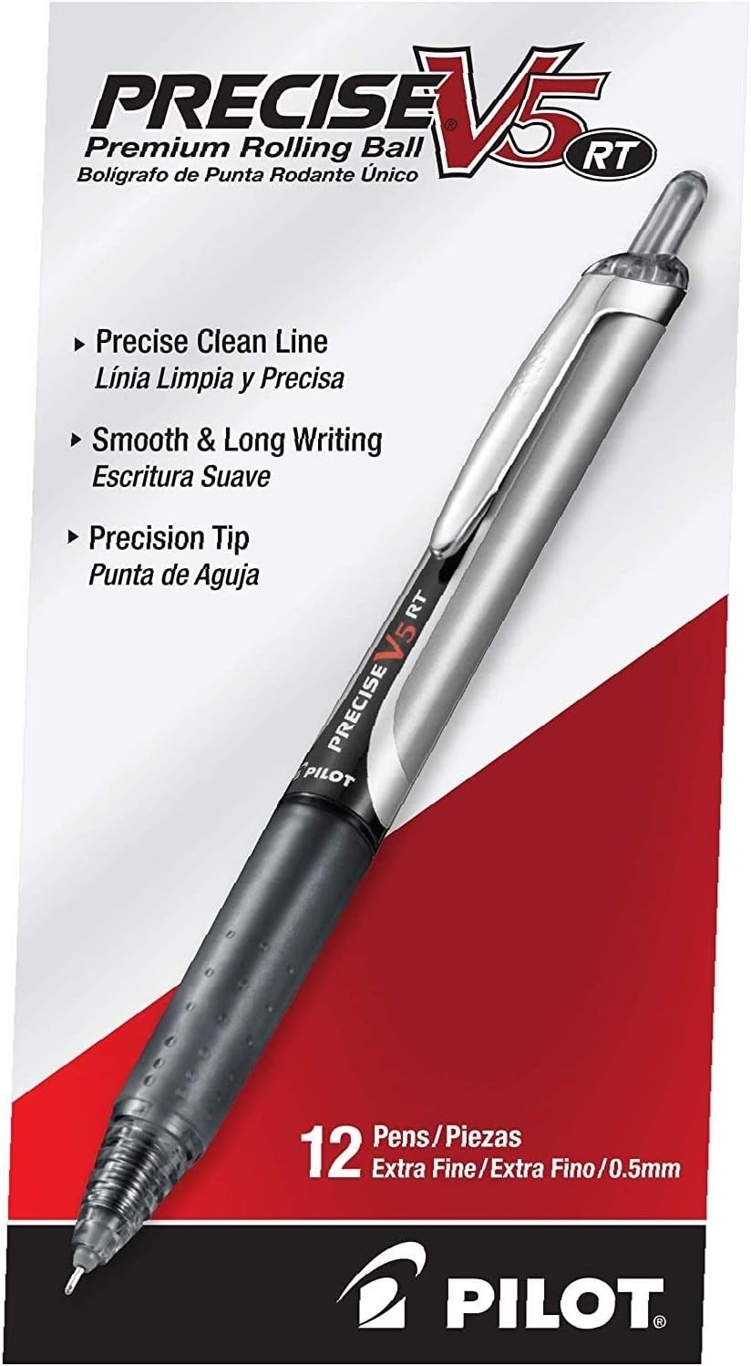 Pilot Precise V5 RT Liquid Ink Pens Extra Fine 0.5mm Black Retractable 12 Pk Bx