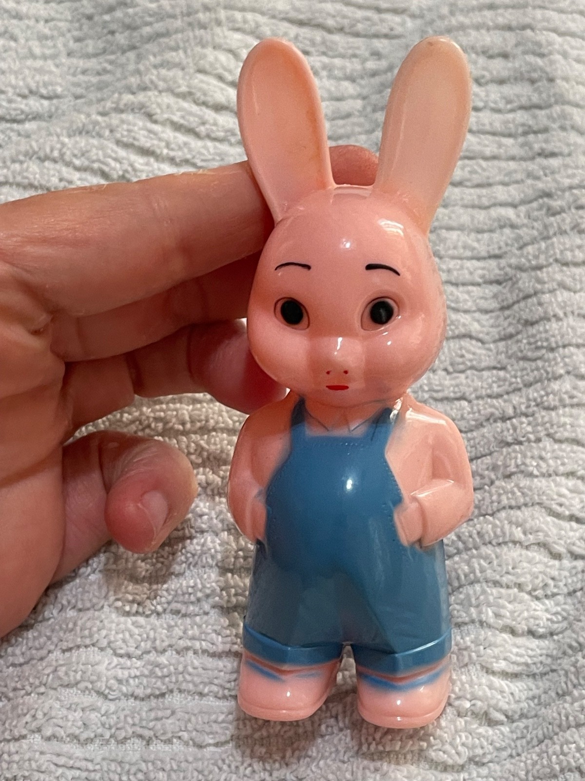 Vintage Knickerbocker Hard Plastic Bunny Rabbit Yellow with Overalls 2 3/4\