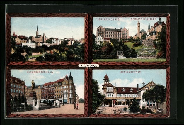 Löbau i. Sa., postcard, town view with Bismarck monument Löbau i. Sa., postcard, town view with Bismarck monument