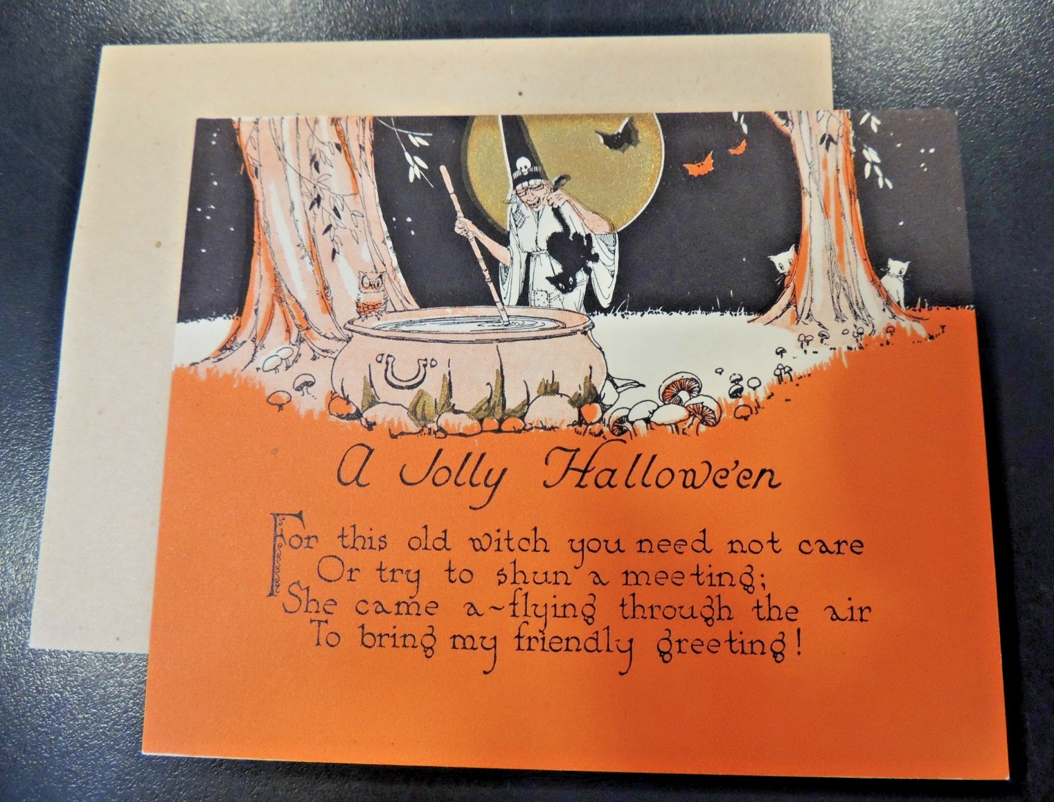 RUST CRAFT Boston USA Vintage Halloween Greeting Card Witch Cauldron Black Cat