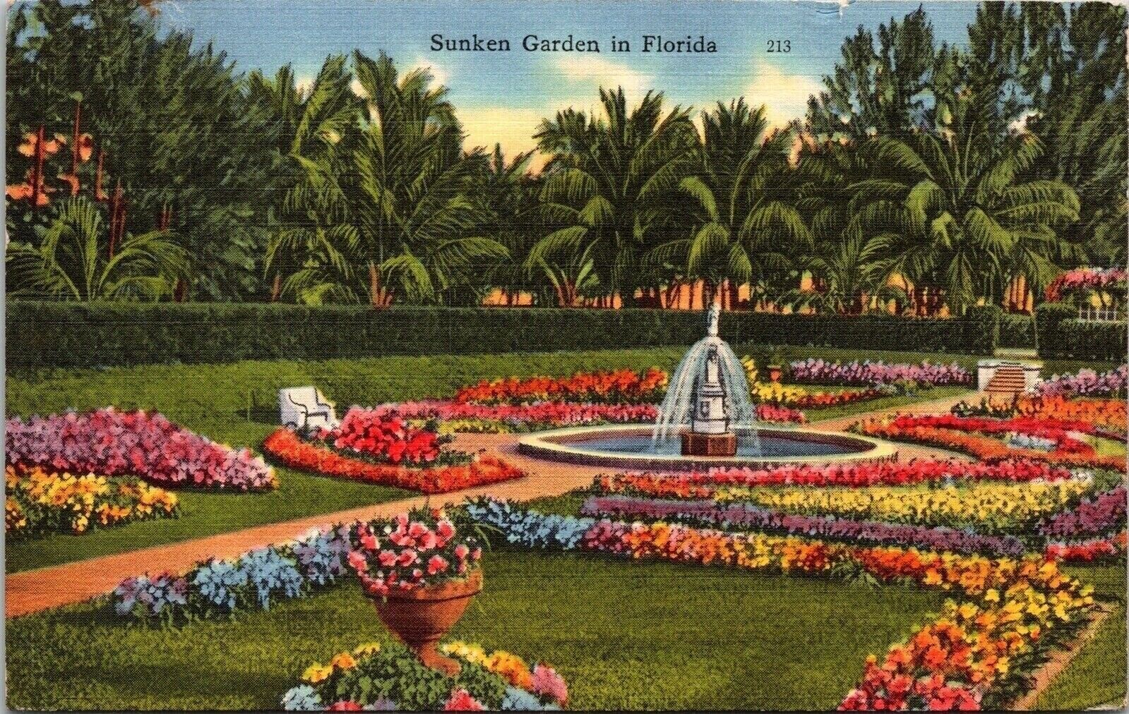 Sunken Garden Florida FL Linen Postcard PM Plam Bay Cancel WOB Note Tichnor
