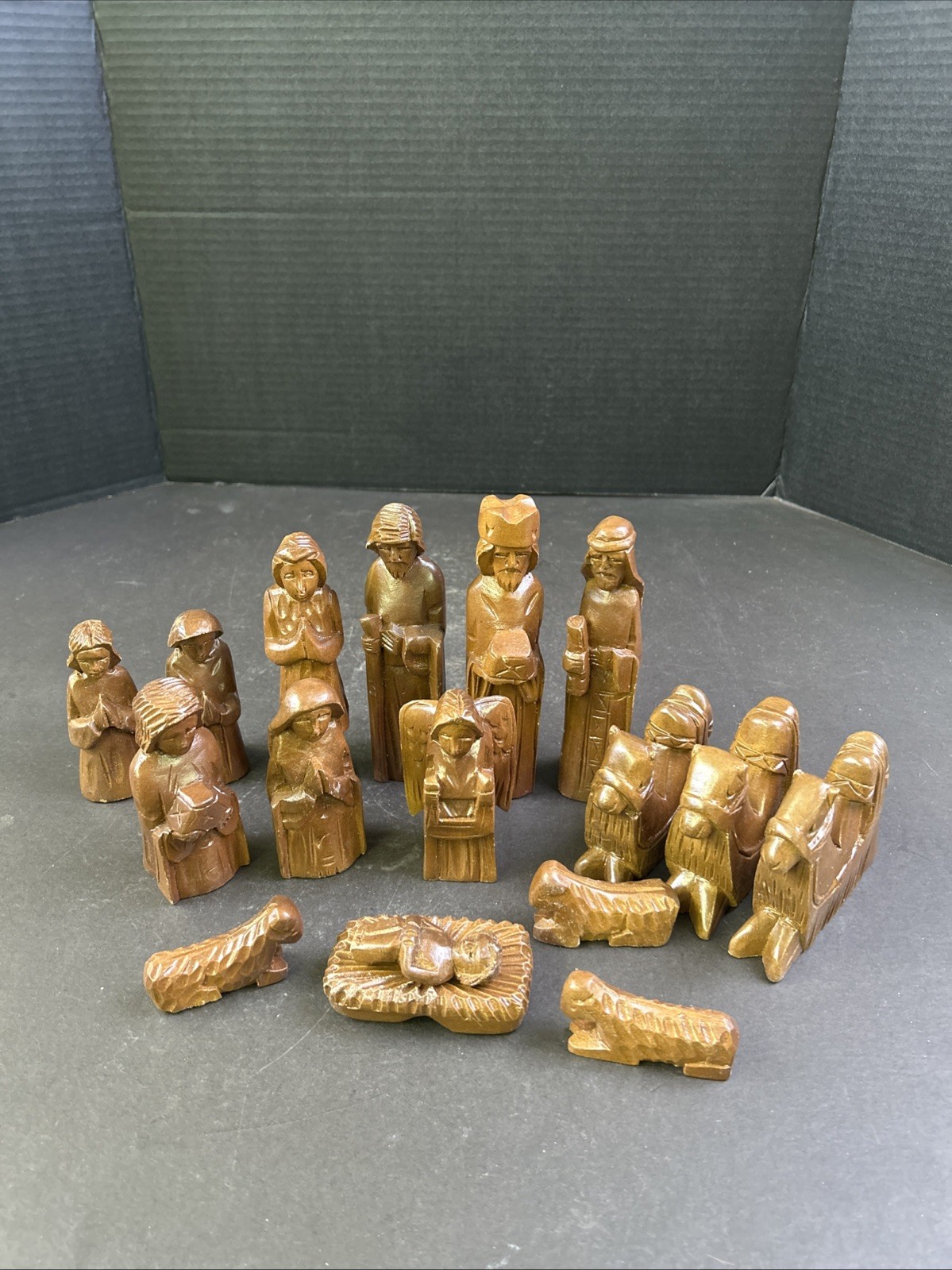Vintage Wood Nativity Scene 17 pcs Hand Carved Christmas Set
