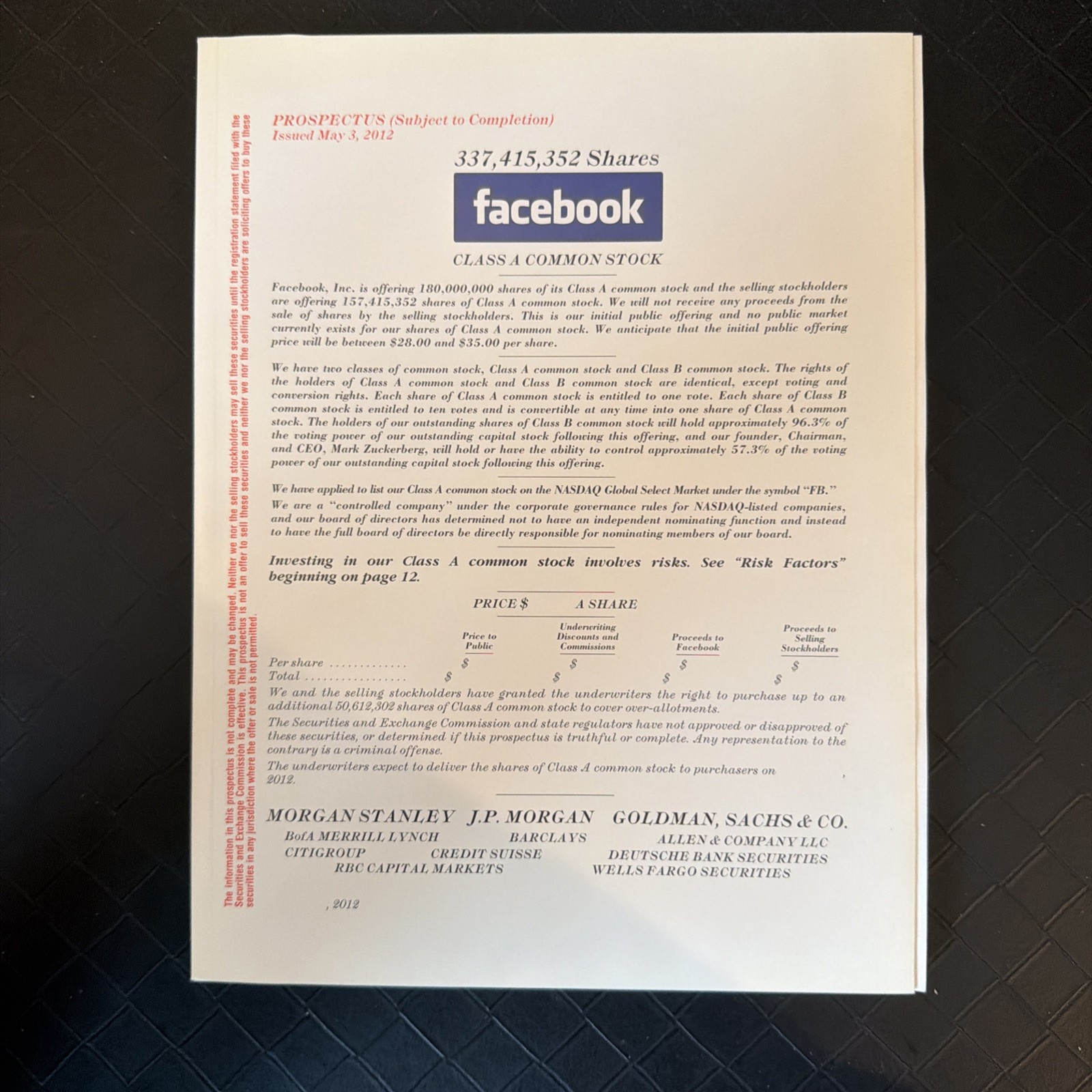 Facebook IPO Prospectus May 17, 2012 RARE MINT CONDITION