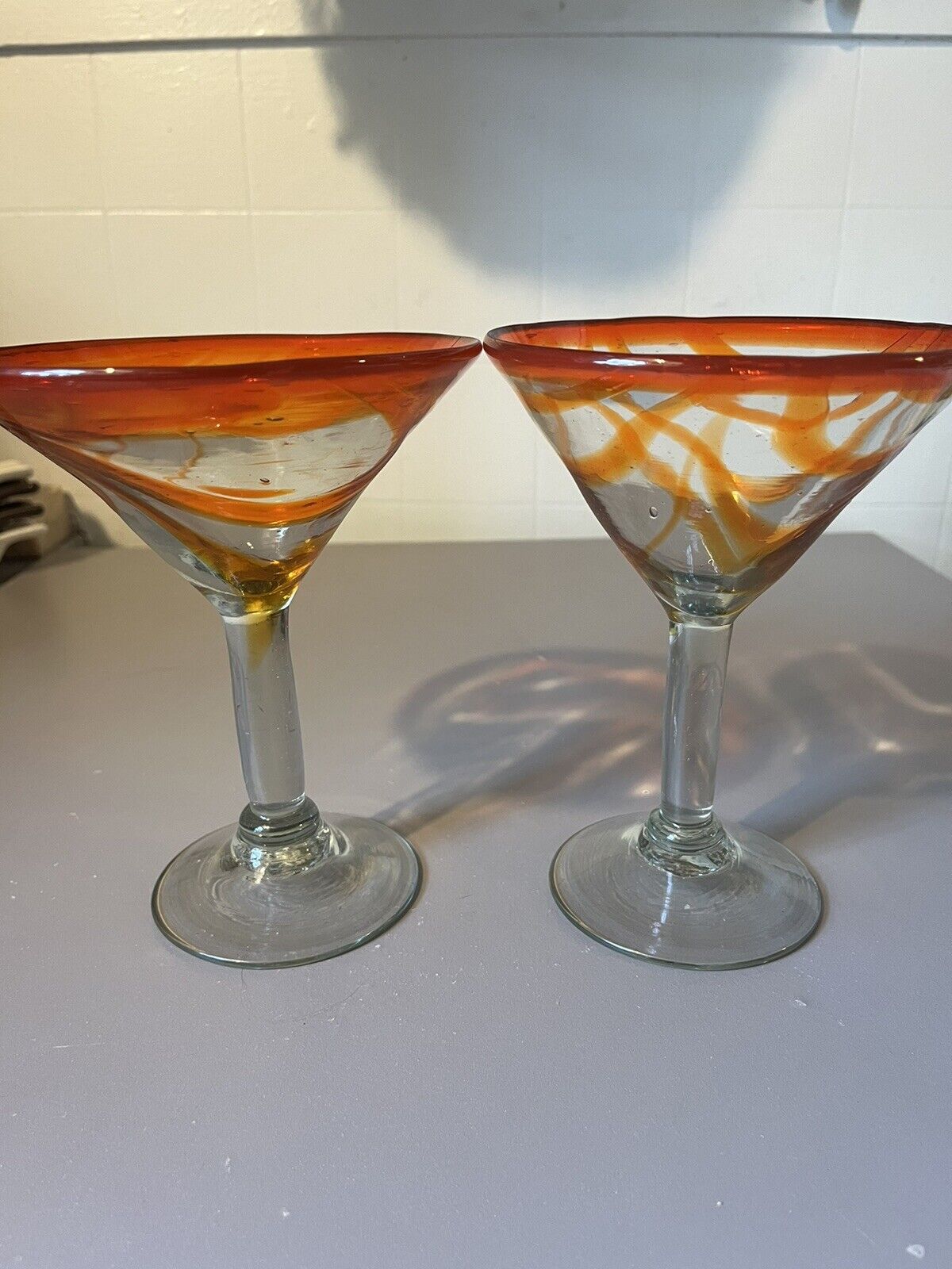 Hand Blown Glass Orange Swirl Martini Glasses Set Of Two Vintage Barware