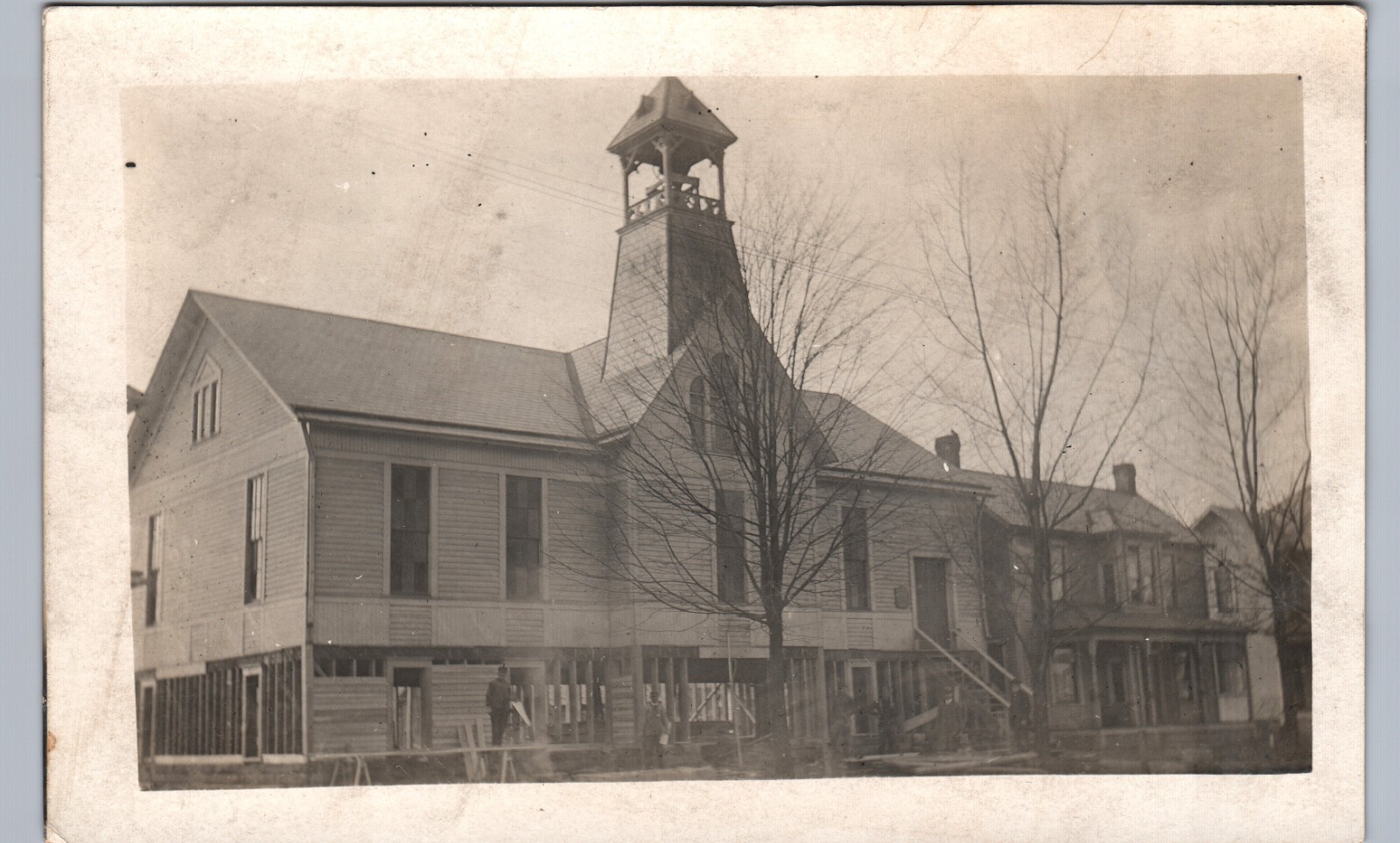 SCHOOL BUILDING CONSTRUCTION c1910 real photo postcard rppc bell tower work