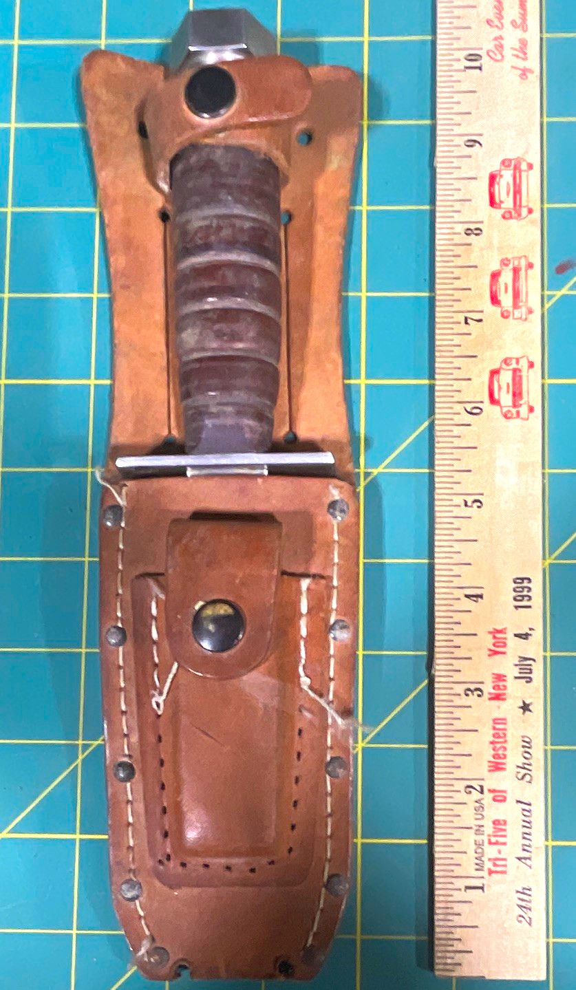 Vintage Camillus 1960s Combat Fixed Blade with Full Tang Leather Sheath