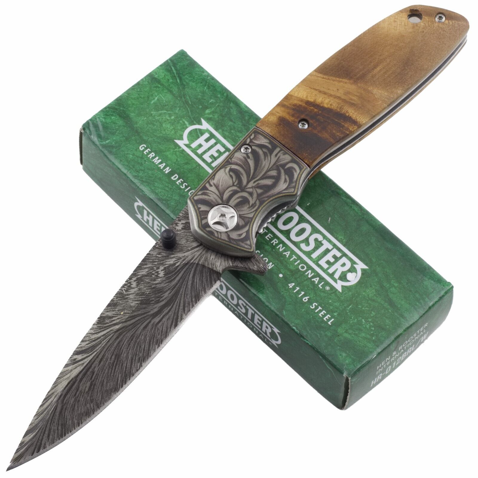 Hen & Rooster Linerlock Folding Pocket Knife Burl Wood Handle Stainless Blade