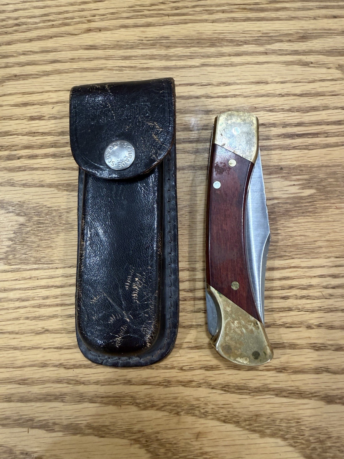 Vintage Schrade+ USA LB7 Bear Paw Folding Pocket Knife With Leather Sheath Case