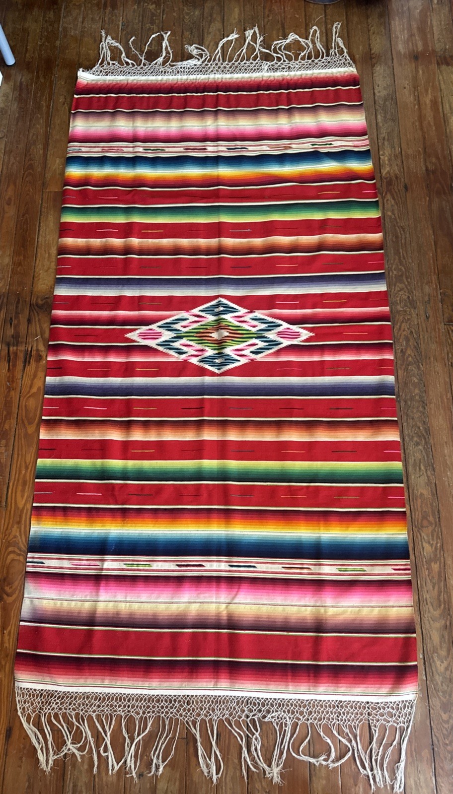Vtg Mexican Saltillo Serape Wool Blanket Woven Striped Southwest 43x87” Antique