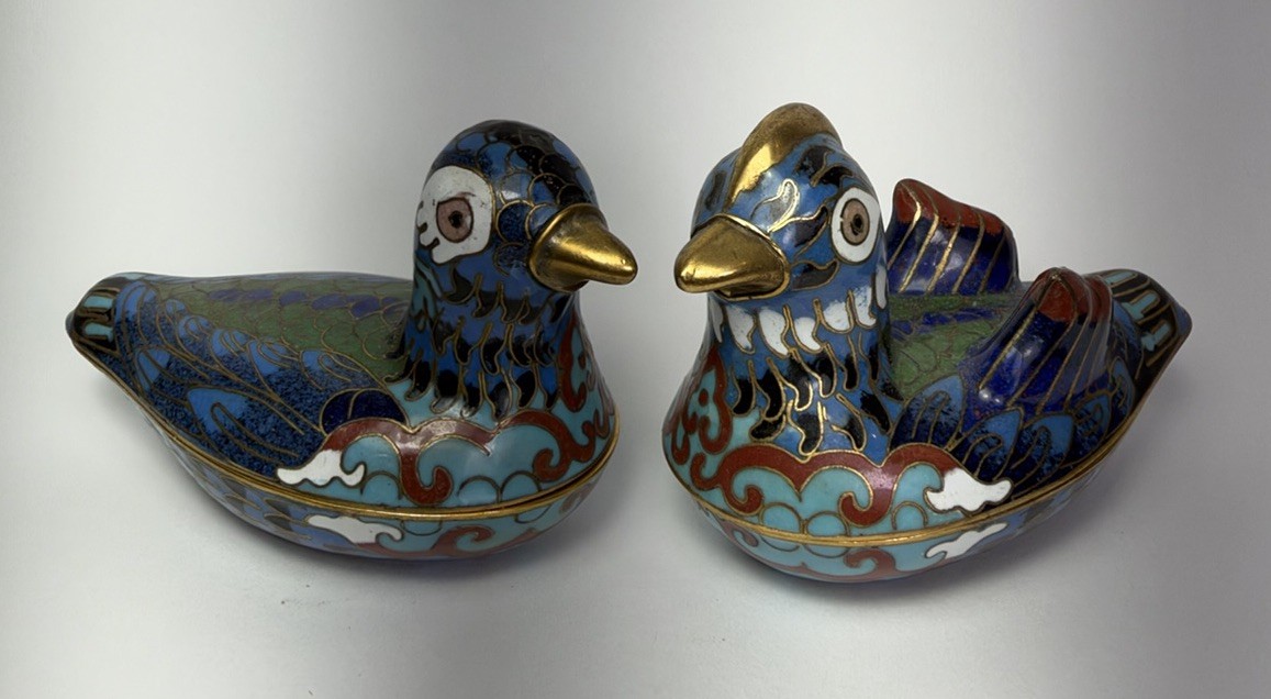 Vintage Pair Chinese Cloisonne Enamel Mandarin Duck Lidded Trinket Box Brass