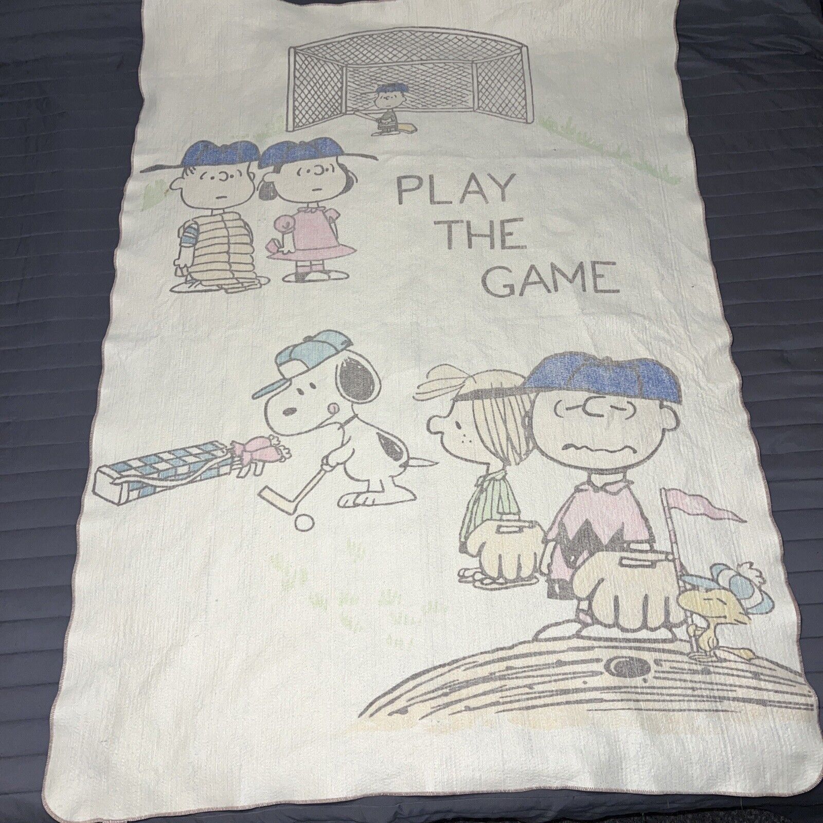 Vintage Chatham 1970s PEANUTS Snoopy Woodstock  Blanket  “Play the game” / Golf