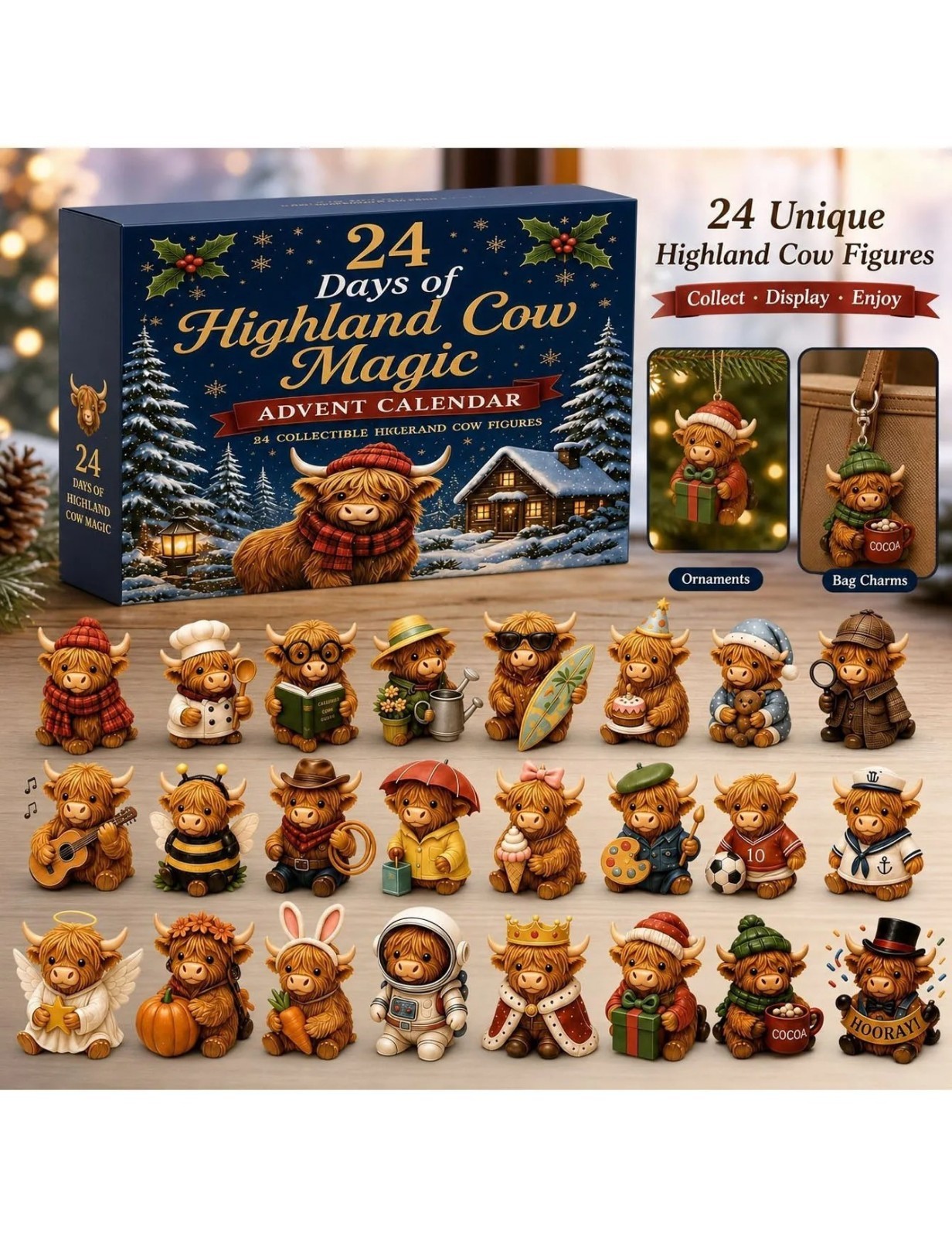 Highland Bull Christmas Countdown Calendar 2D Acrylic Ornament Scottish Cow Pend