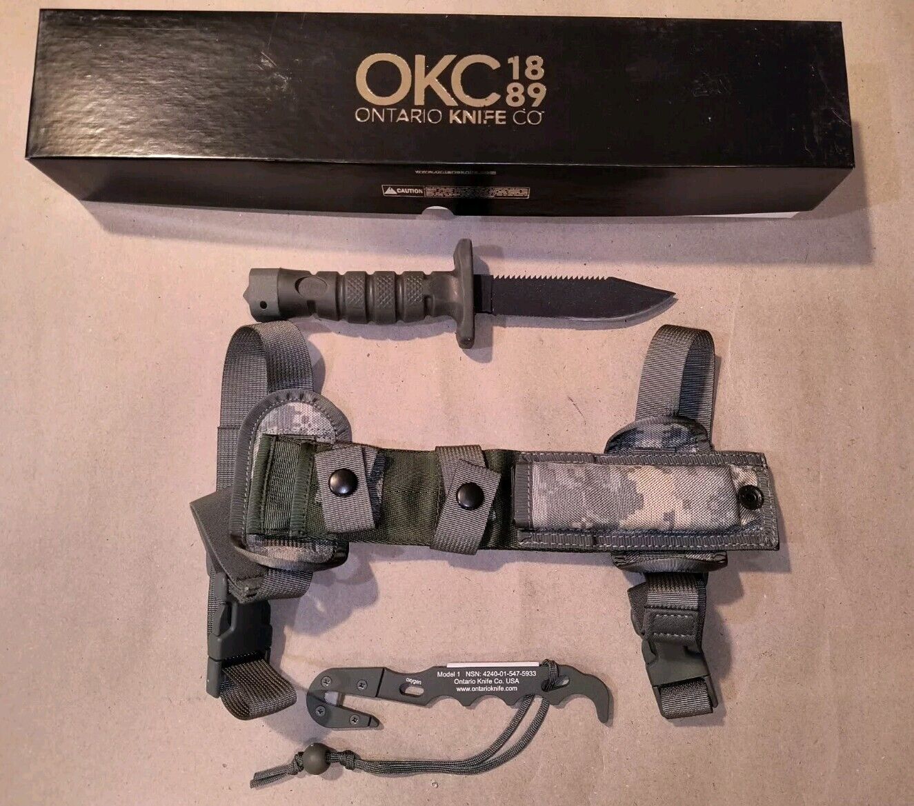 Vintage Knife OKC ASEK  Combat USA Ontario Knife Co  + Sheath Strap Cutter