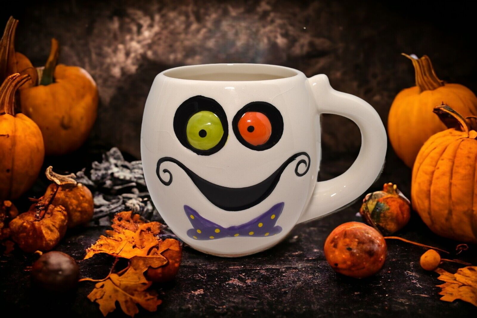 Cracker Barrel Art Pottery Halloween Bow Tie Ghost Coffee Cup Mug