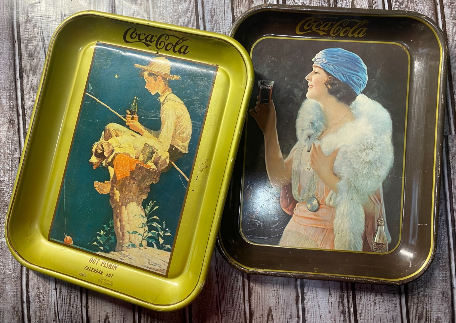 Coca-Cola Tin Trays Party Girl 1925 & 1935 Boy Fishing Norman Rockwell Vintage