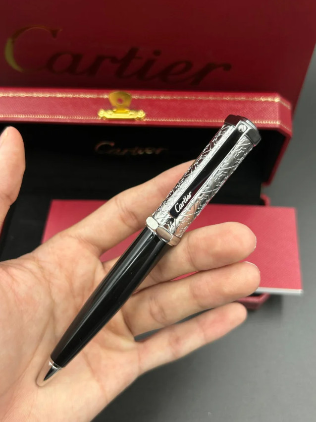 Cartier Gunmetal Black Silver Ballpoint Pen Engraved Luxury Gift Box 2026 New