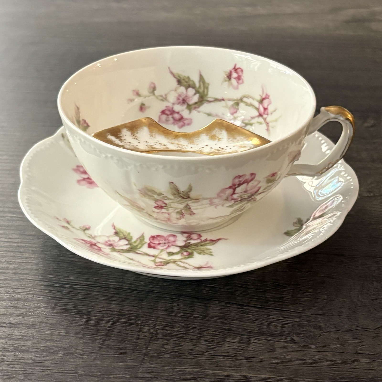 Antique Haviland Limoges Mustache Cup & Saucer Set Pink Apple Blossom Gold 1894