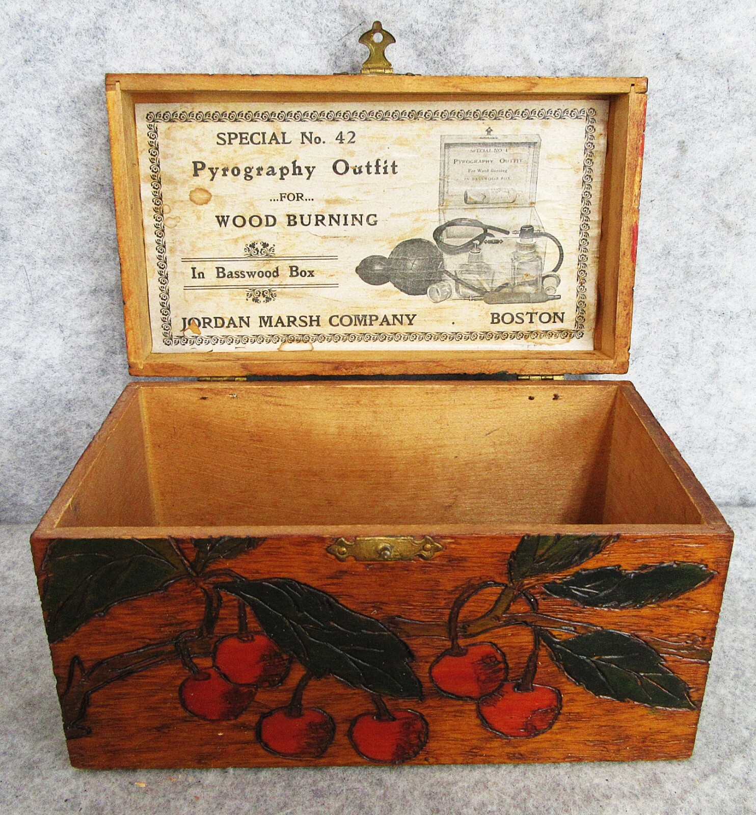 Antique Jordan Marsh Co Pyrography Fire Art Wood Storage Box - Cherry Cherries Antique Jordan Marsh Co Pyrography Fire Art Wood Storage Box - Cherry Cherries