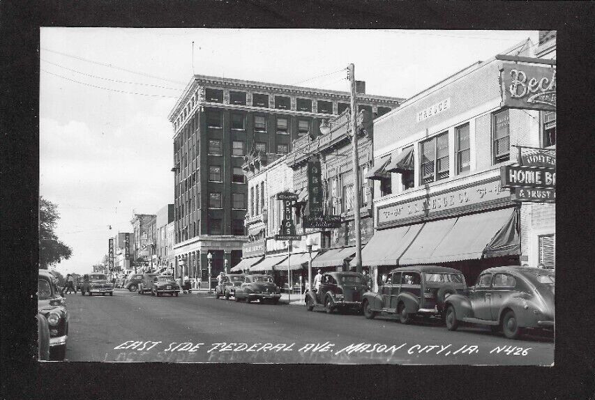 Mason City Iowa IA 1940s RPPC Home Trust, Kresge, Abels, Engler Drug, Damons, ++