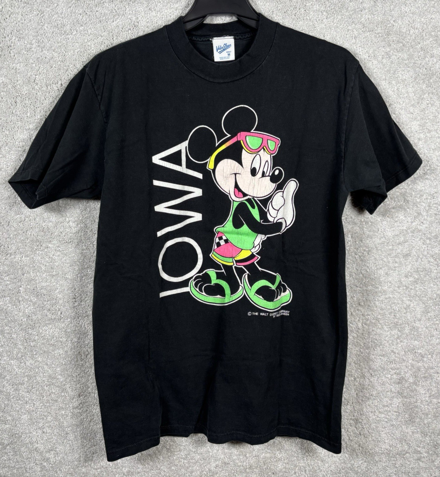 Iowa Mickey Mouse Tshirt Walt Disney M Velva Sheen Black Beach Vacation Vtg 90s