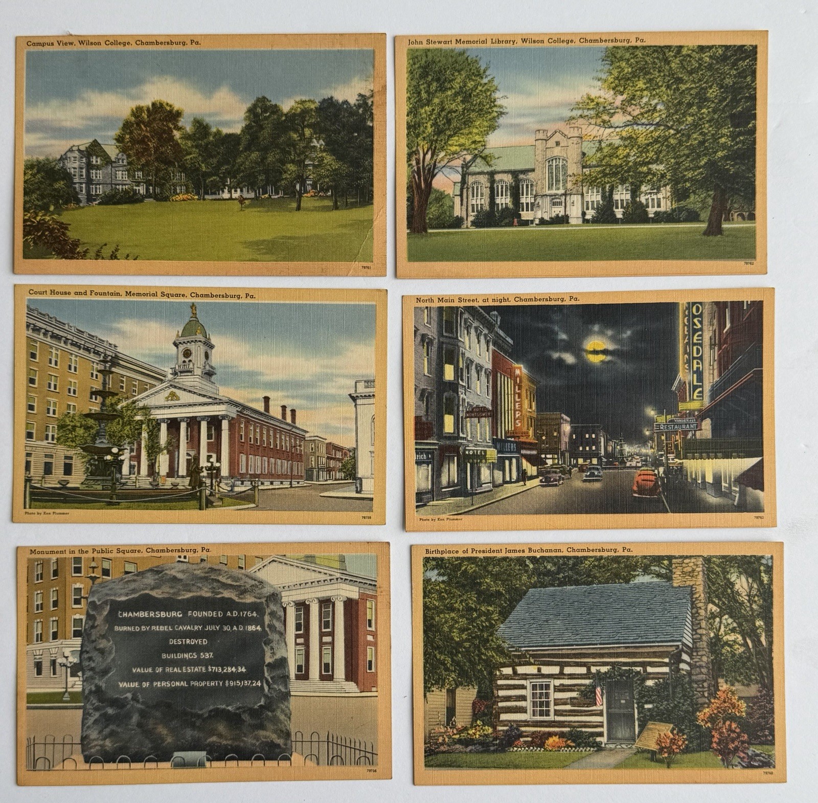 VTG Postcards Main Street Wilson College Court House Chambersburg Pa. Lot Of 6