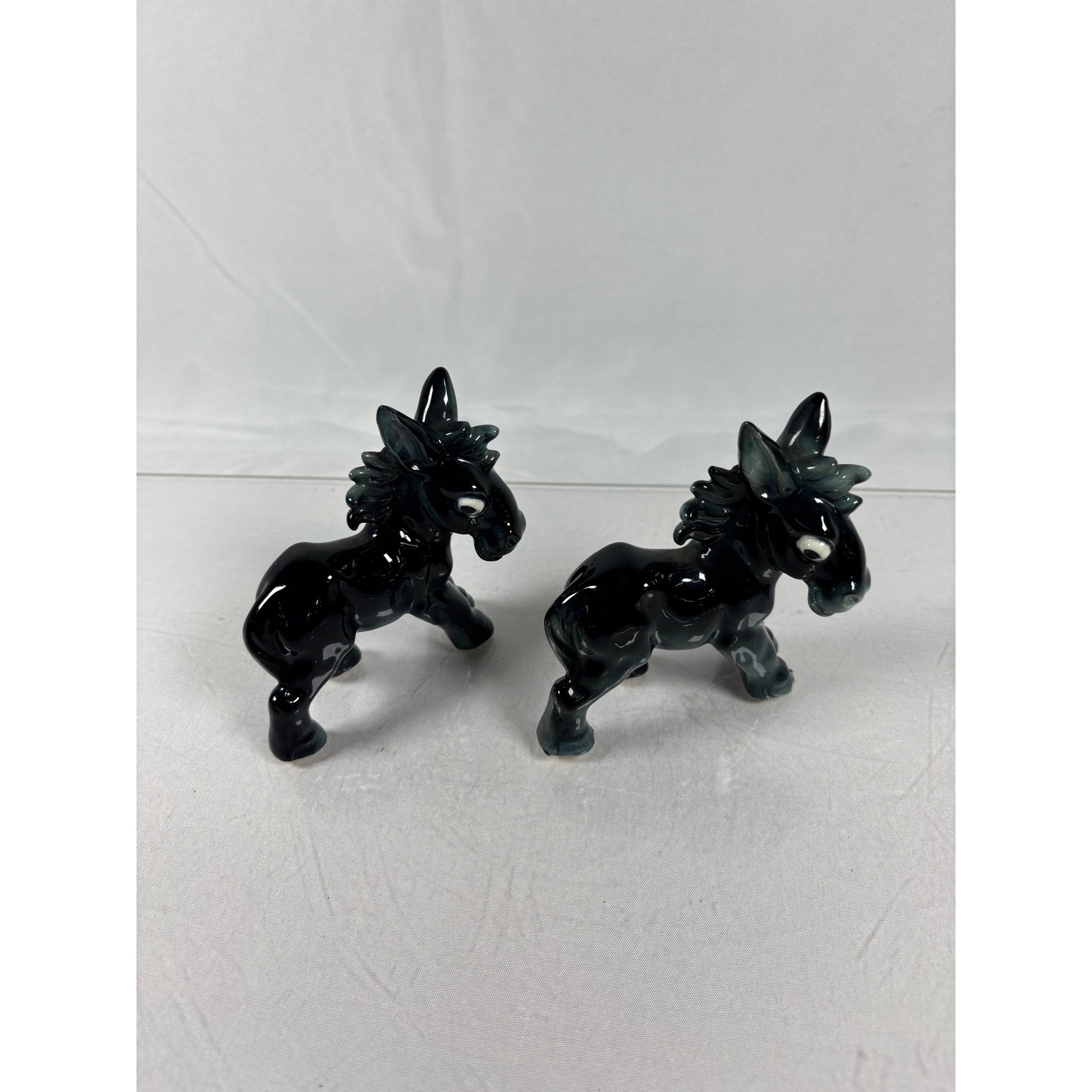 Vintage Ceramic Donkey Figurines Set of 2 Black Gloss Miniature Burro Statues